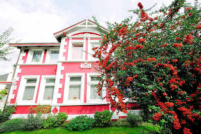 8239 Historische Architektur Hamburgs - Stadtvilla erbaut 1904 am Ufer des Seevekanals - Rotdorn mit roten Frchten.